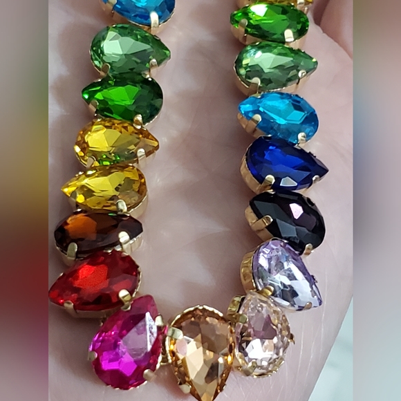 RAINBOW GLASS choker necklace Big stones colorful gold tear drop New gift - Picture 6 of 15